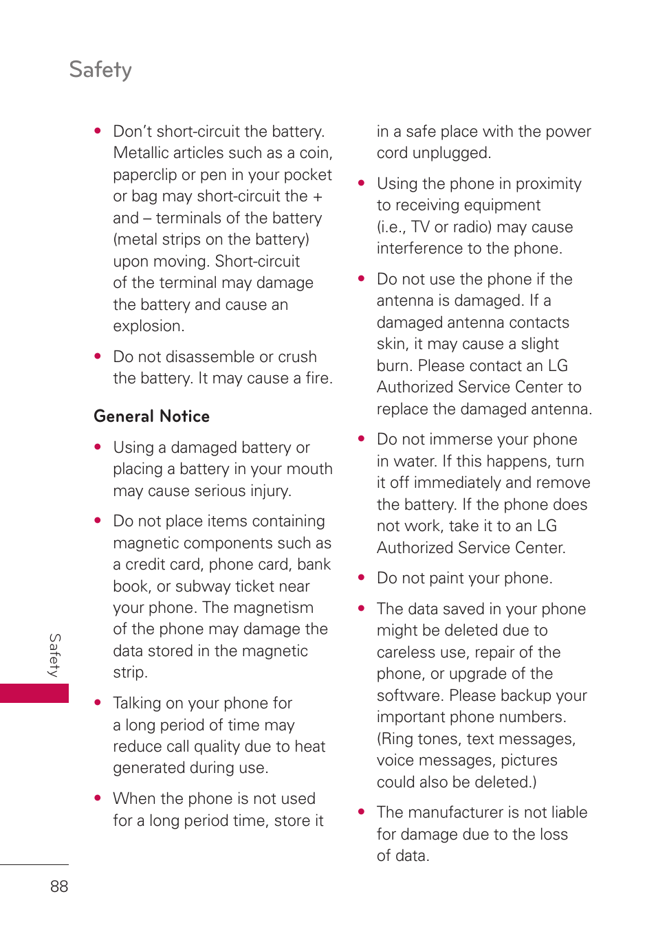 General notice, Safety | LG LGUN530 User Manual | Page 90 / 115