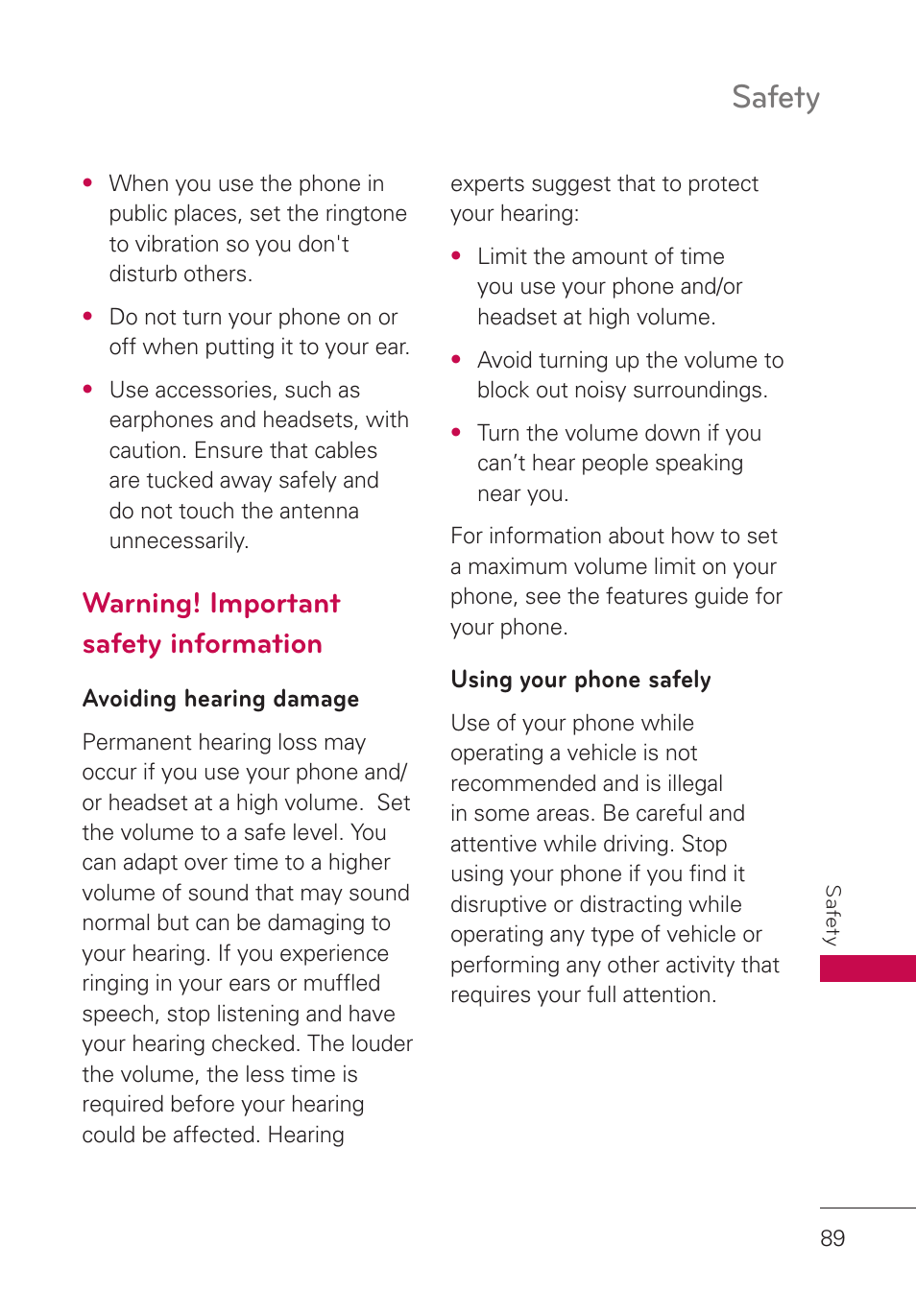 Warning! important safety information, Avoiding hearing damage, Using your phone safely | Warning! important safety, Information, Safety | LG LGUN530 User Manual | Page 91 / 115