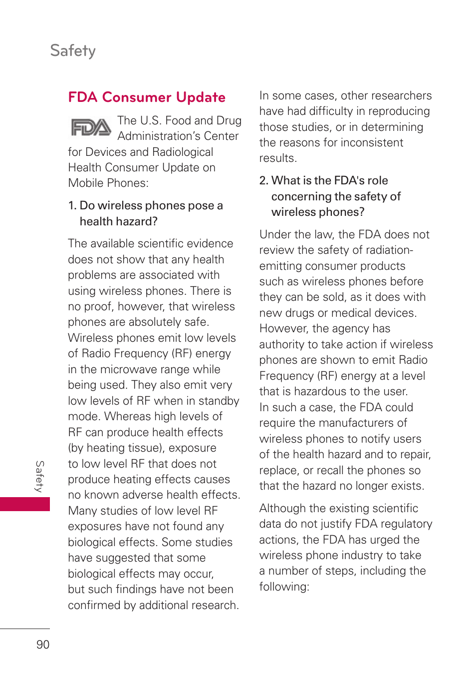 Fda consumer update, Safety | LG LGUN530 User Manual | Page 92 / 115