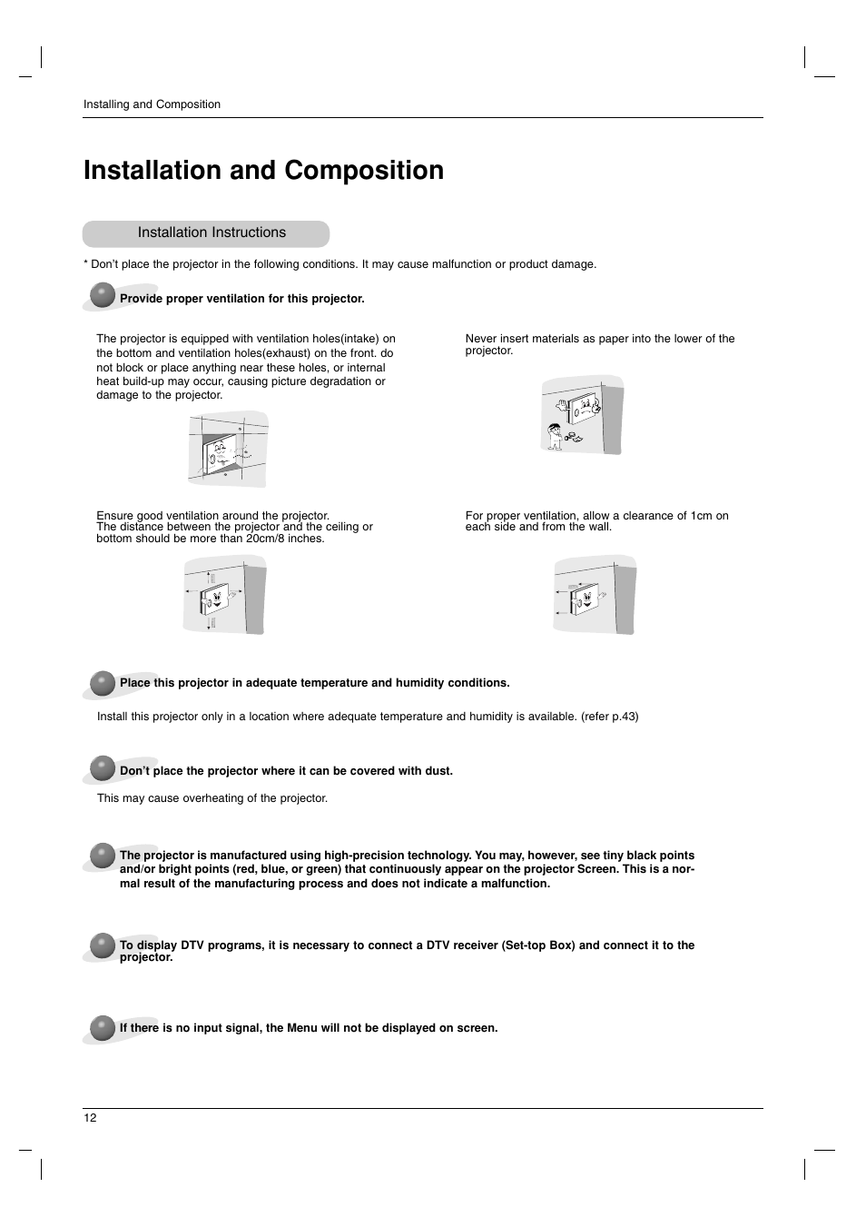 Installation and composition, Installation instructions | LG AN215 User Manual | Page 12 / 44