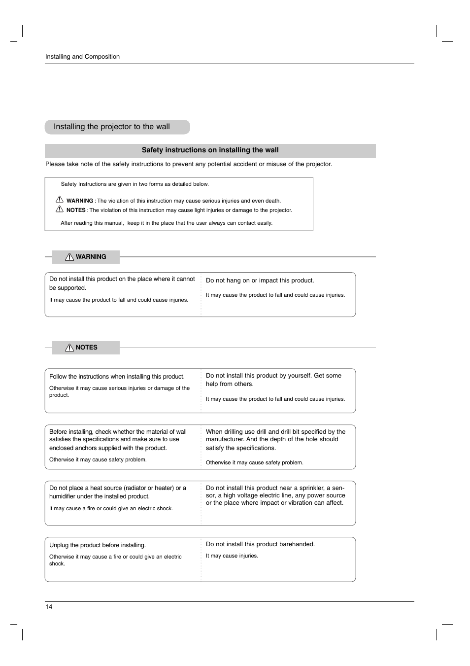 Installing the projector to the wall | LG AN215 User Manual | Page 14 / 44