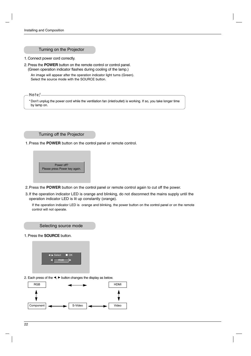 Turning on the projector, Turning off the projector, Selecting source mode | Turning on the projector turning off the projector | LG AN215 User Manual | Page 22 / 44