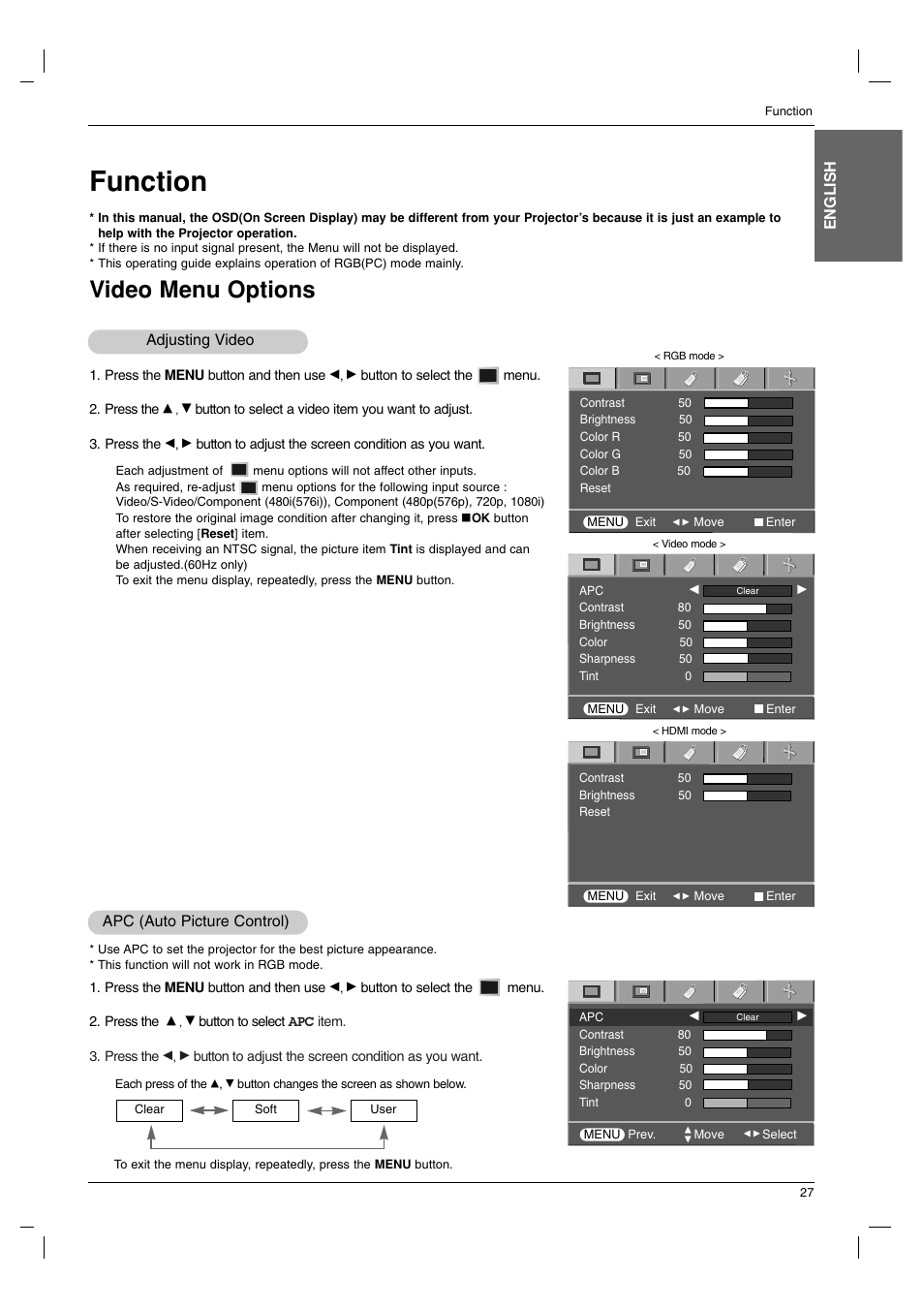 Function, Video menu options, Adjusting video | Apc (auto picture control), English | LG AN215 User Manual | Page 27 / 44