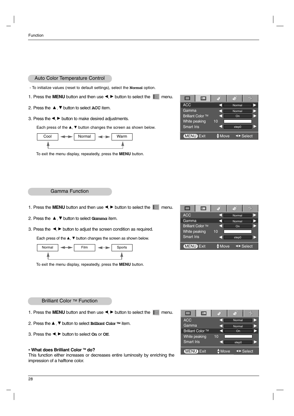 Auto color temperature control, Gamma function, Brilliant color tm function | Brilliant color, Function | LG AN215 User Manual | Page 28 / 44