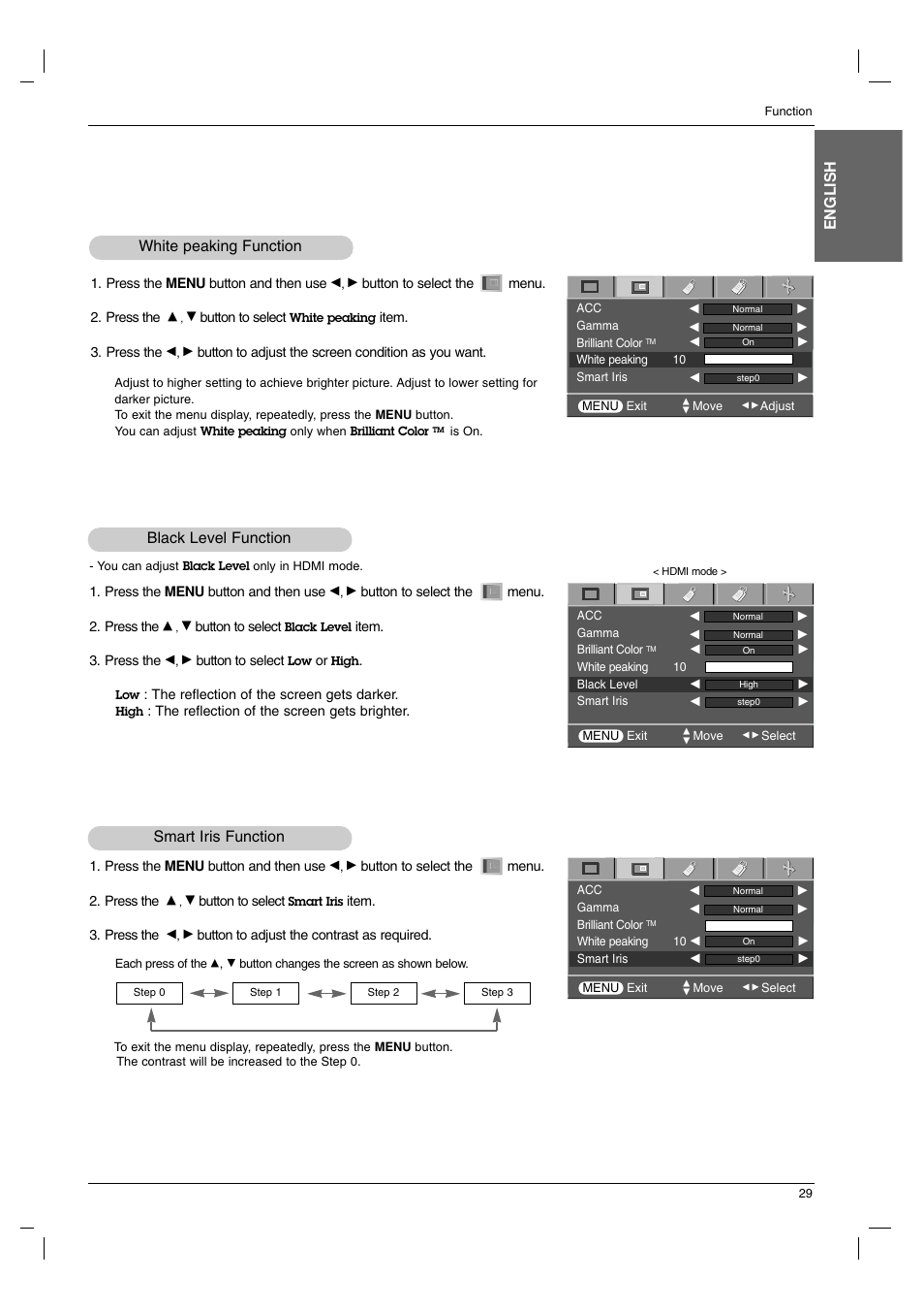 White peaking function, Black level function, Smart iris function | English | LG AN215 User Manual | Page 29 / 44