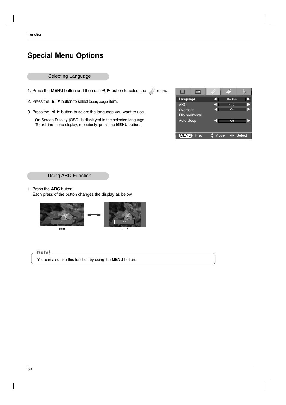 Special menu options, Selecting language, Using arc function | LG AN215 User Manual | Page 30 / 44