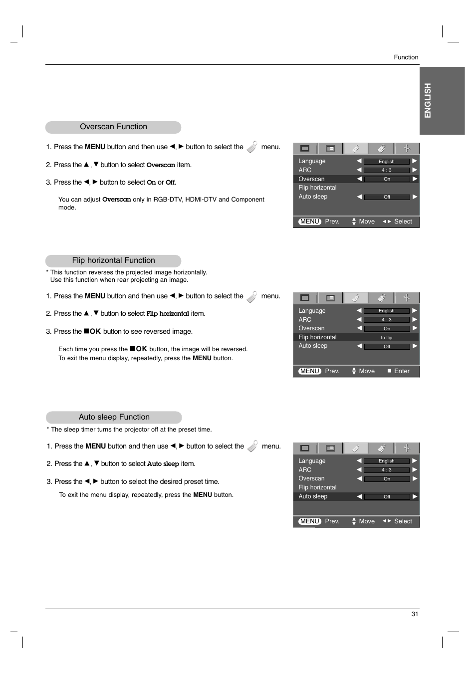 Overscan function, Flip horizontal function, Auto sleep function | English flip horizontal function, Auto sleep function overscan function | LG AN215 User Manual | Page 31 / 44