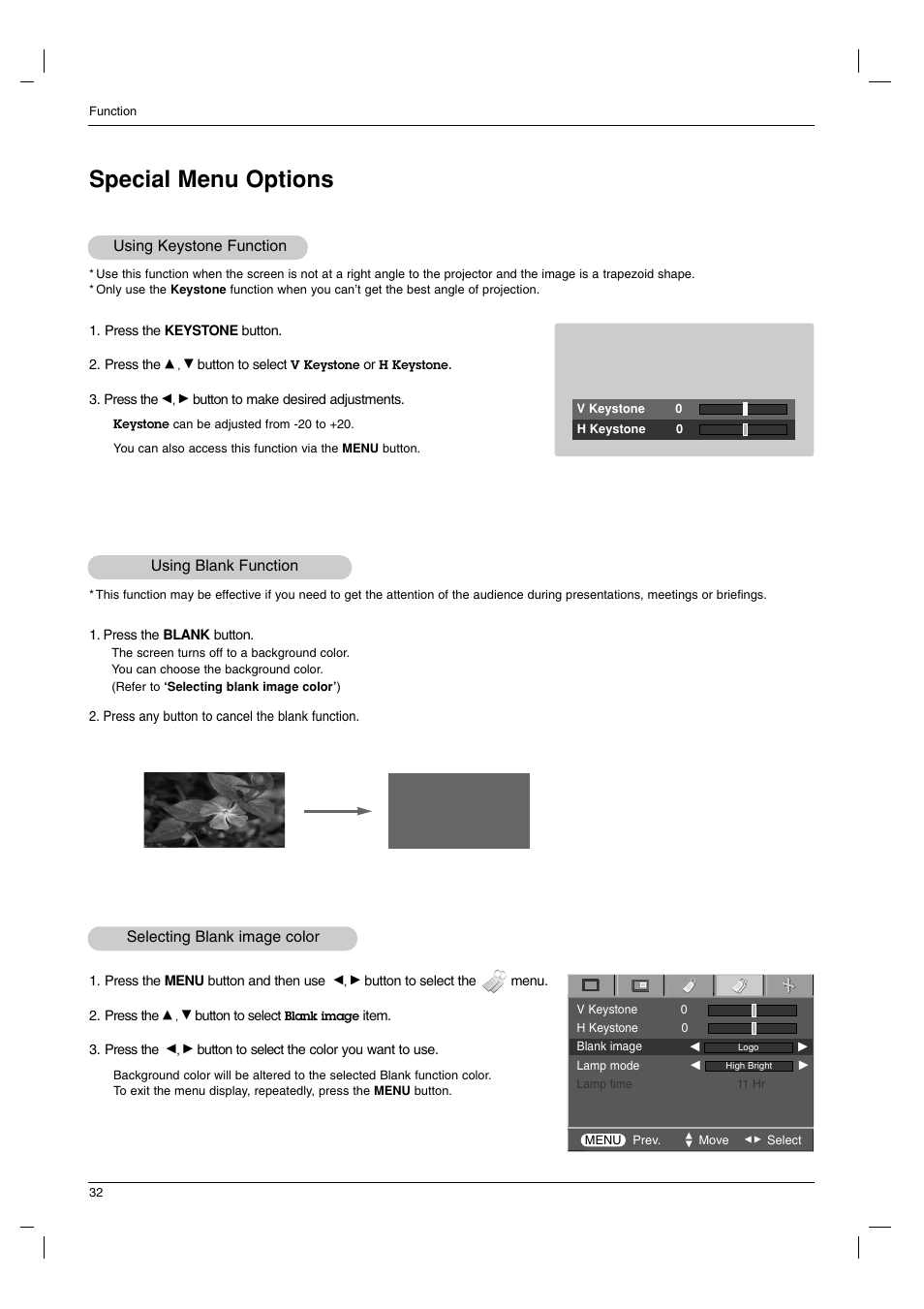 Using keystone function, Using blank function, Selecting blank image color | Special menu options | LG AN215 User Manual | Page 32 / 44