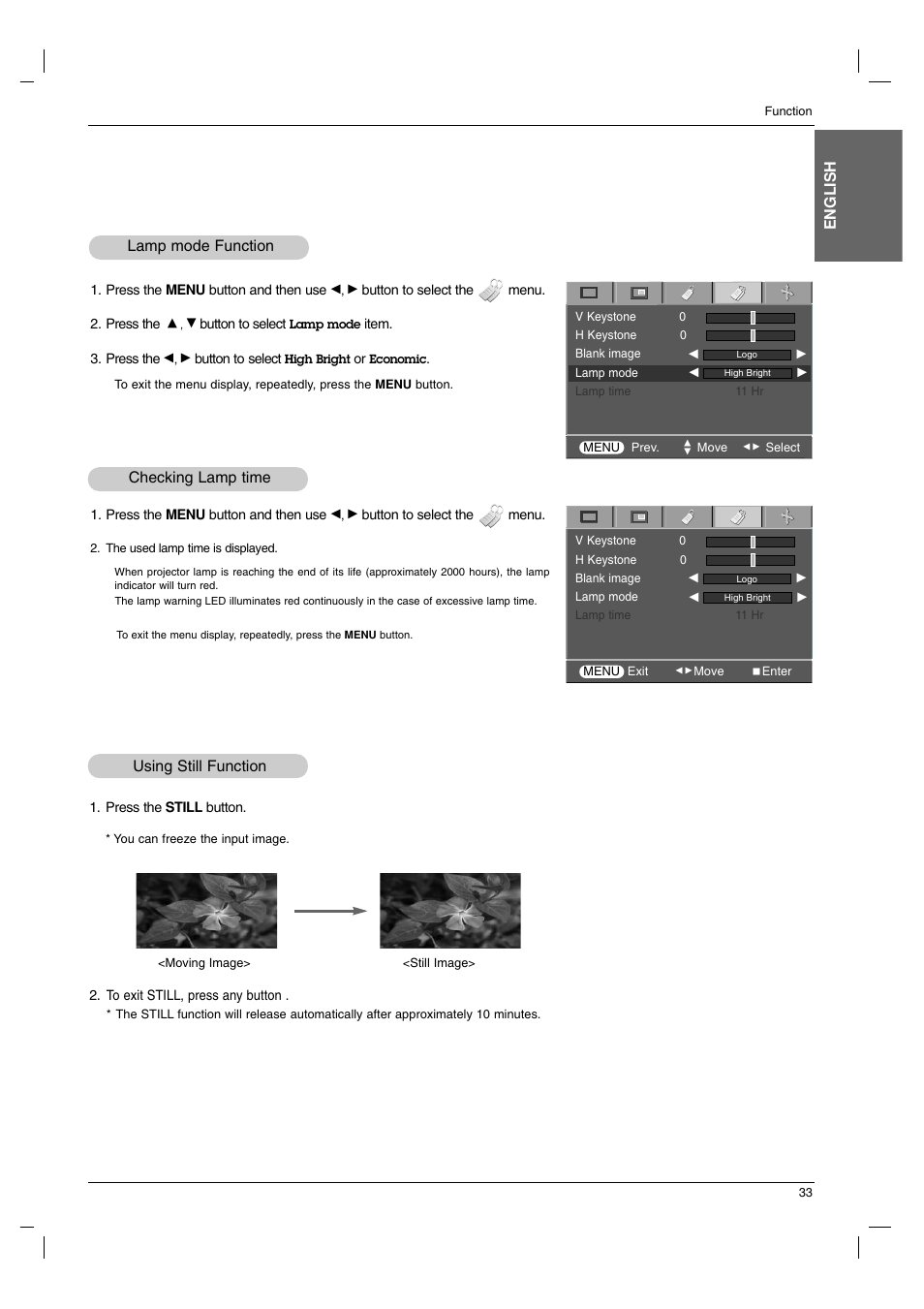 Lamp mode function, Checking lamp time, Using still function | English, Lamp mode function checking lamp time | LG AN215 User Manual | Page 33 / 44