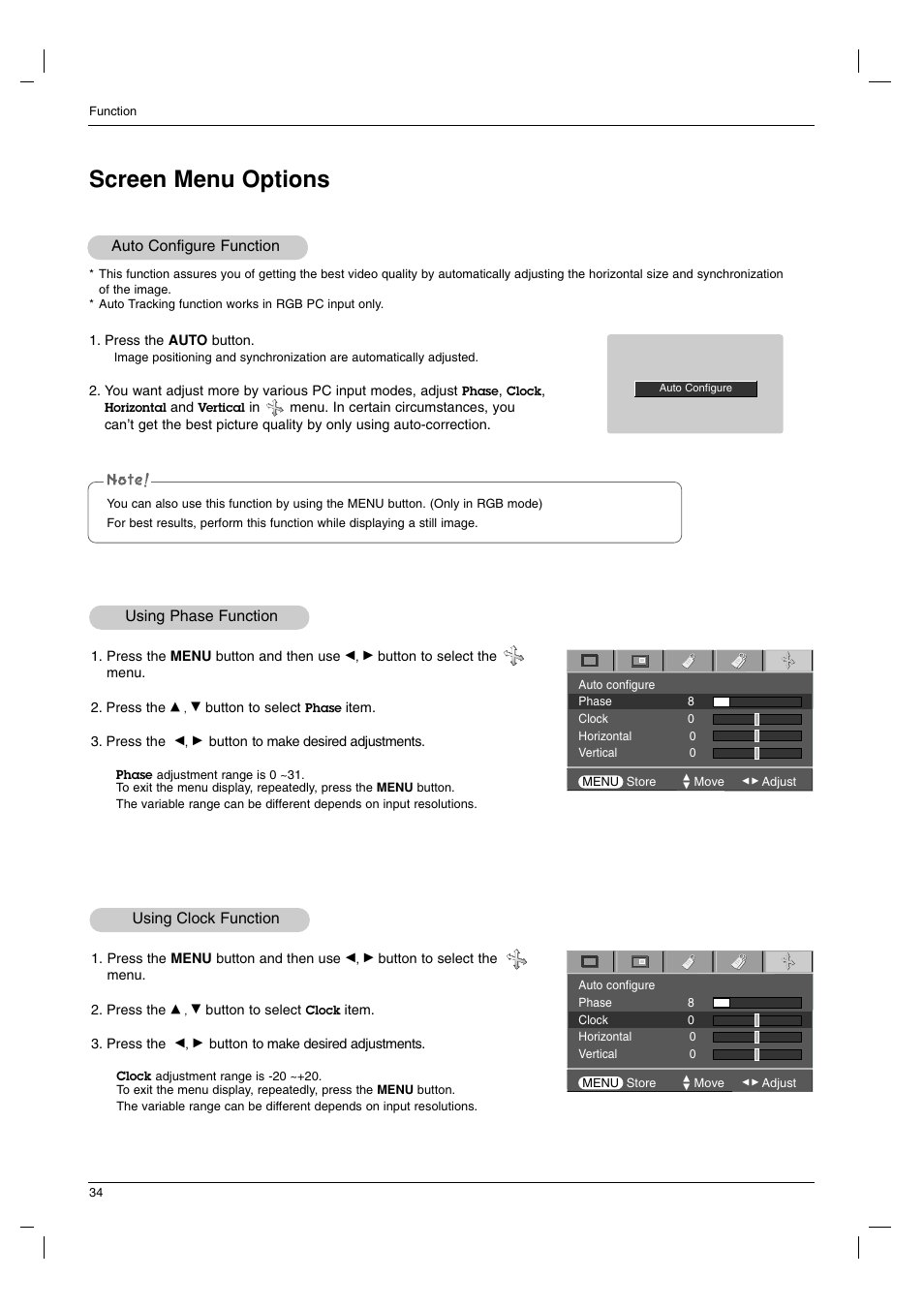 Screen menu options, Auto configure function, Using phase function | Using clock function, Using clock function using phase function | LG AN215 User Manual | Page 34 / 44