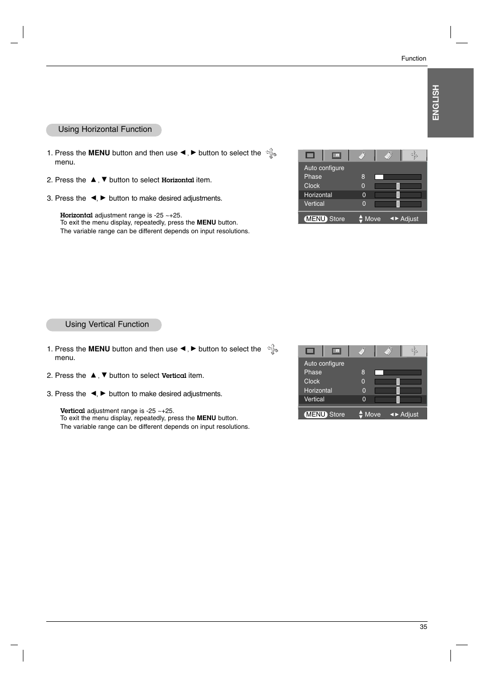 Using horizontal function, Using vertical function, English | Using vertical function using horizontal function | LG AN215 User Manual | Page 35 / 44