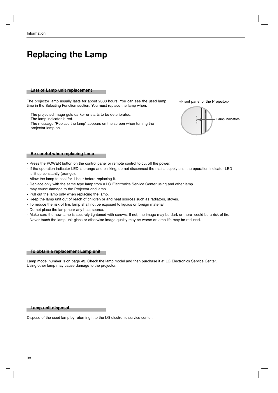 Replacing the lamp | LG AN215 User Manual | Page 38 / 44