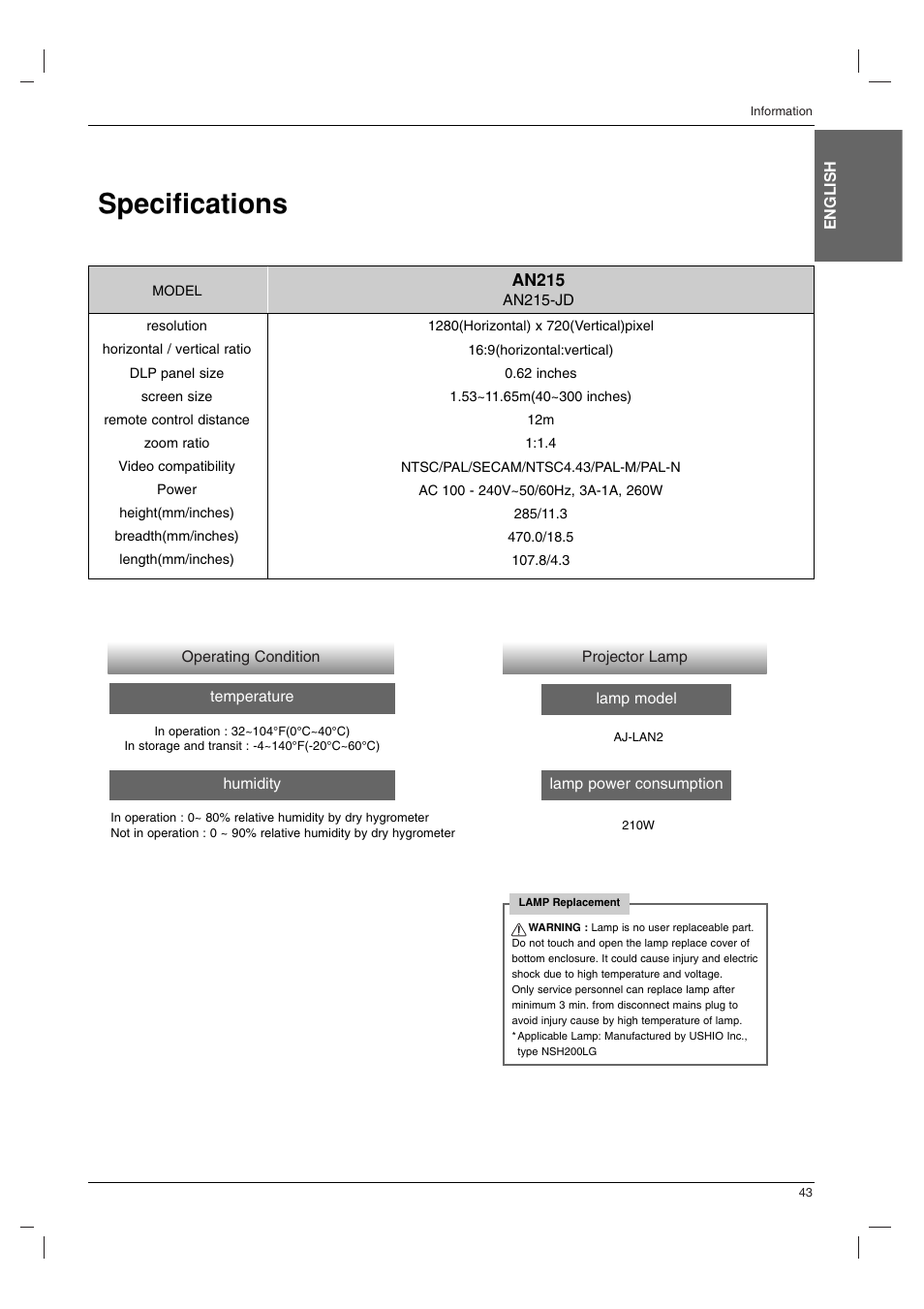 Specifications | LG AN215 User Manual | Page 43 / 44