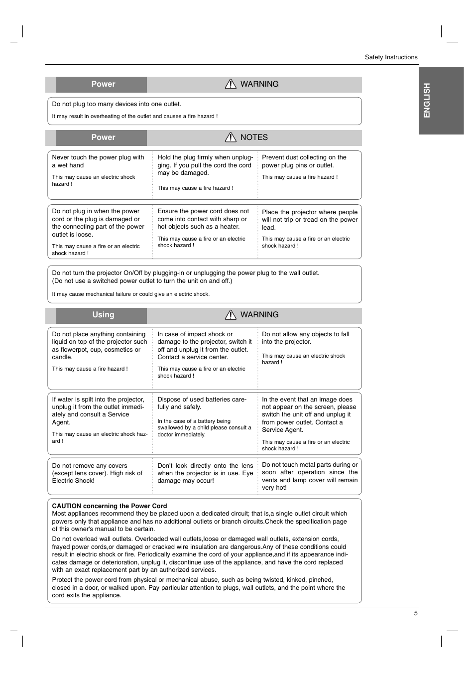 English using warning, Power warning | LG AN215 User Manual | Page 5 / 44