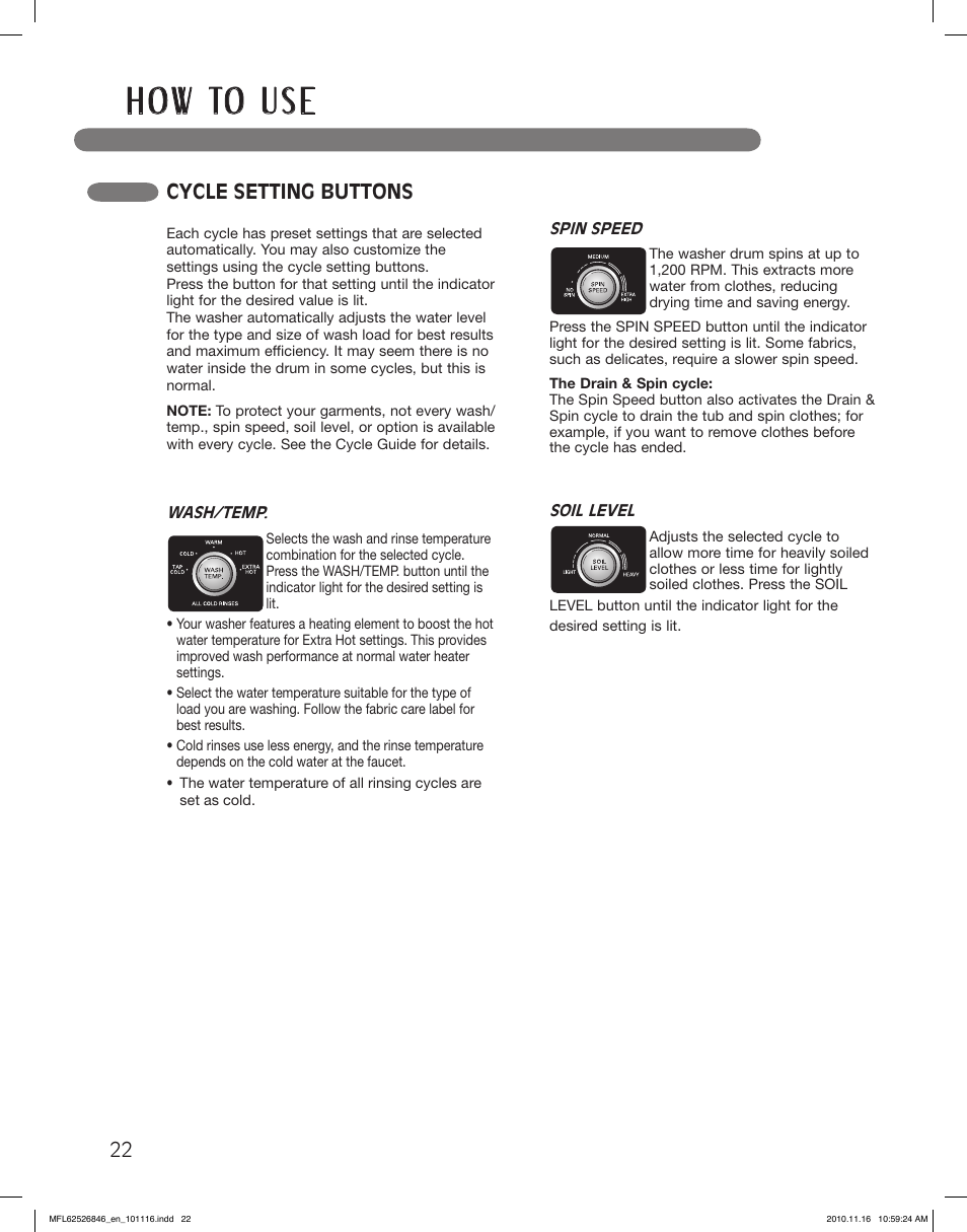 H o w to u s e, Cycle setting buttons | LG WM2350HWC User Manual | Page 22 / 108