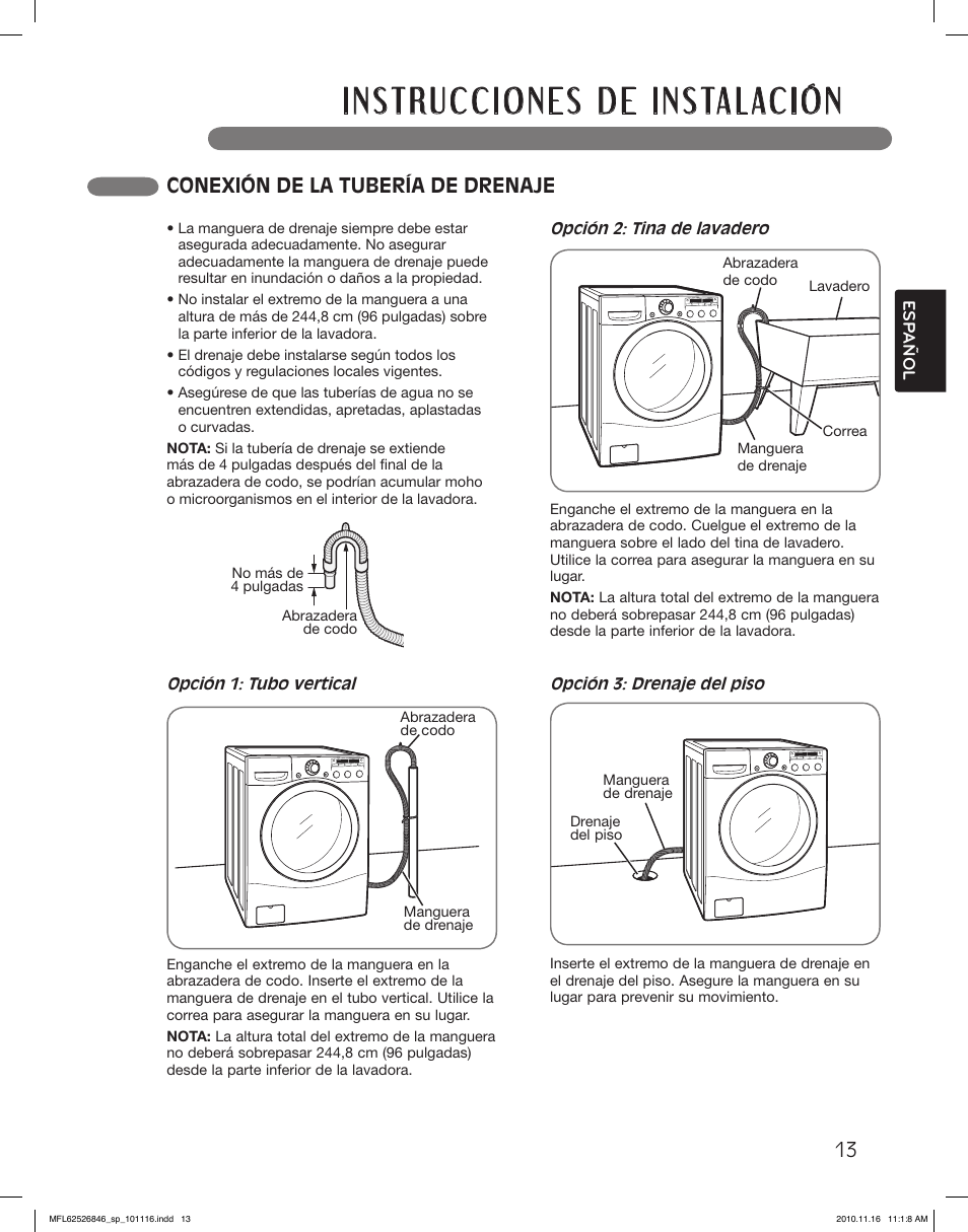 Conexión de la tubería de drenaje | LG WM2350HWC User Manual | Page 49 / 108