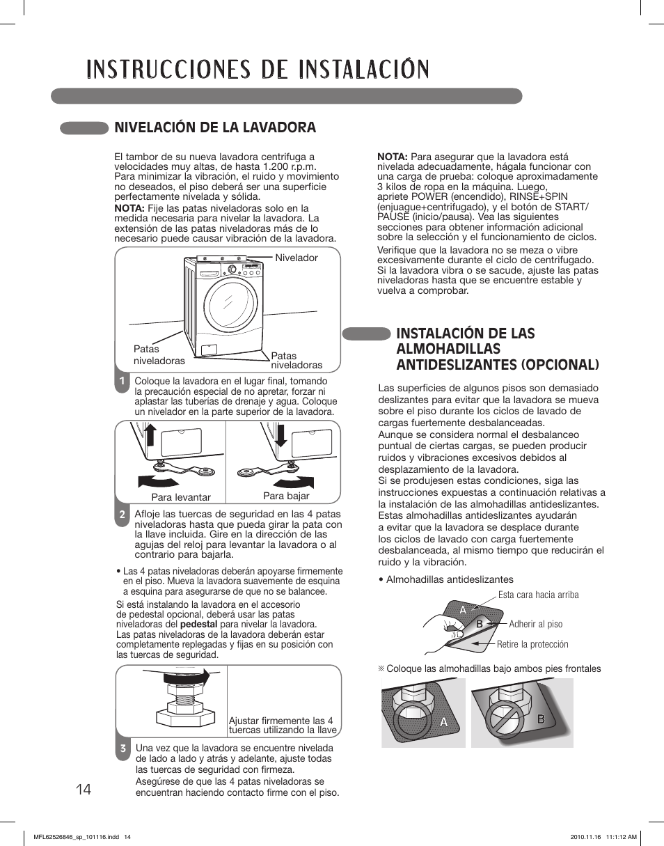 Nivelación de la lavadora | LG WM2350HWC User Manual | Page 50 / 108