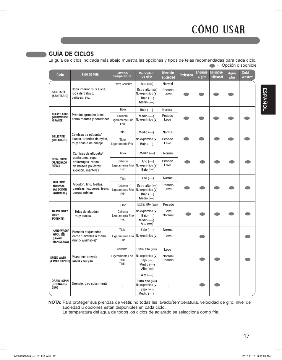 Guía de ciclos, Esp añol | LG WM2350HWC User Manual | Page 53 / 108