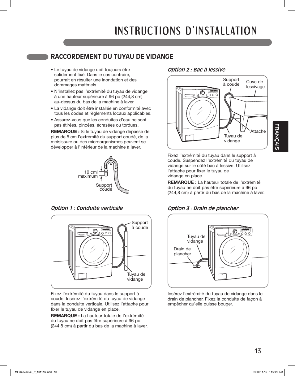 Raccordement du tuyau de vidange | LG WM2350HWC User Manual | Page 85 / 108