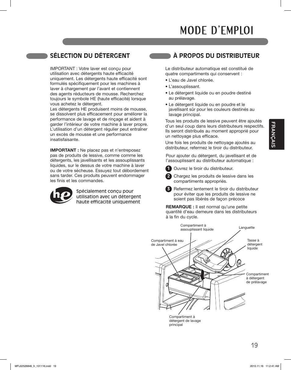 Sélection du détergent à propos du distributeur | LG WM2350HWC User Manual | Page 91 / 108