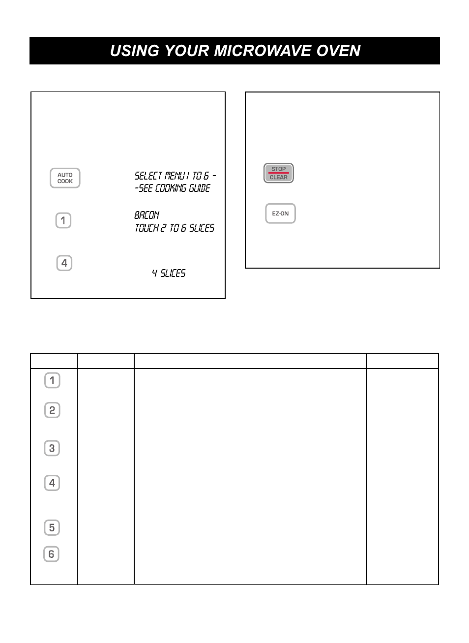 Using your microwave oven, Ez-on, Auto cook auto cook table | Touch: display shows: 1. 2, Touch: display shows: 1, 4slices | LG LCRM1240SW User Manual | Page 14 / 31