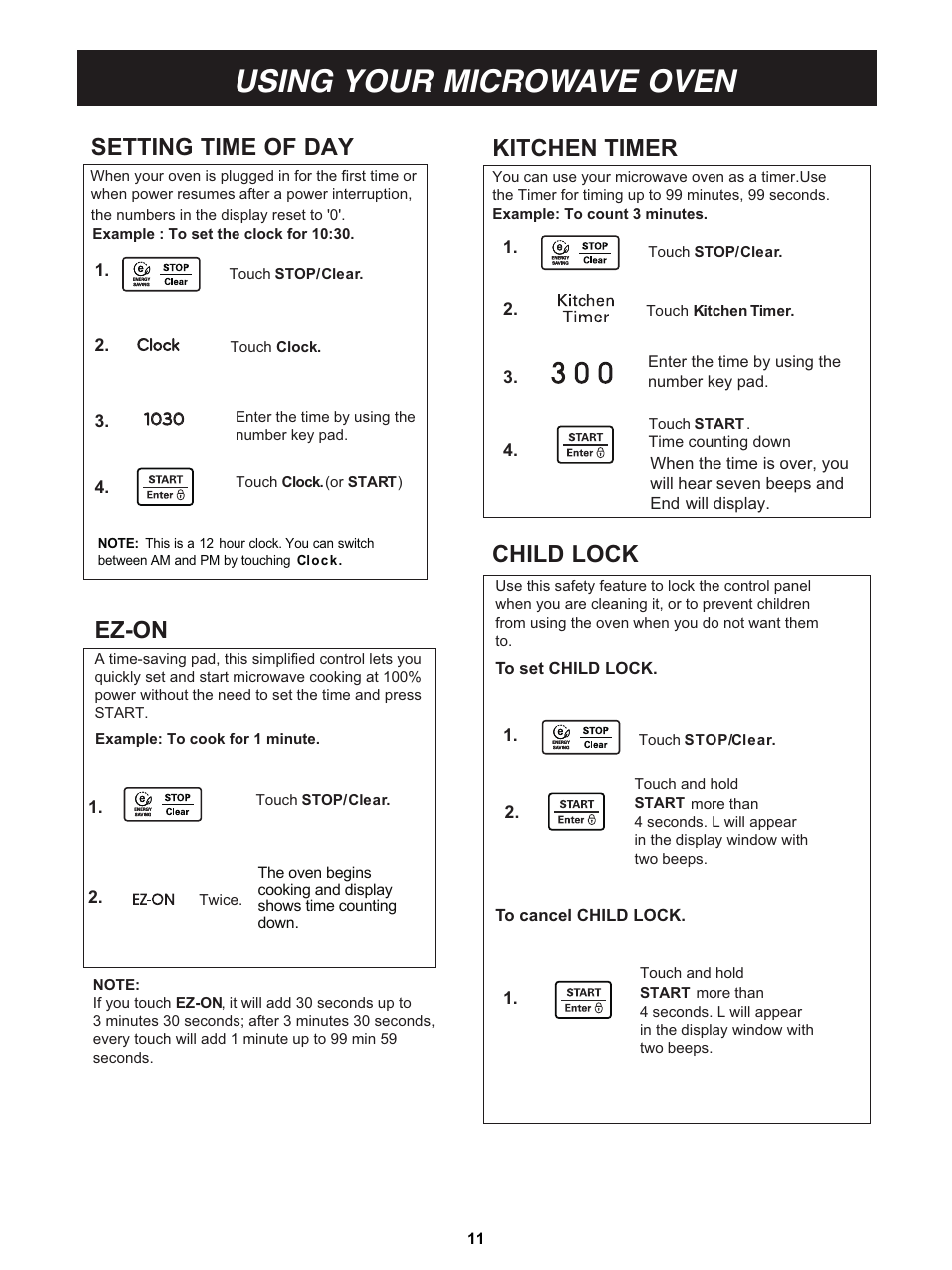 Using your microwave oven, Setting time of day, Ez-on | Kitchen timer, Child lock | LG LCS1413SW User Manual | Page 11 / 24