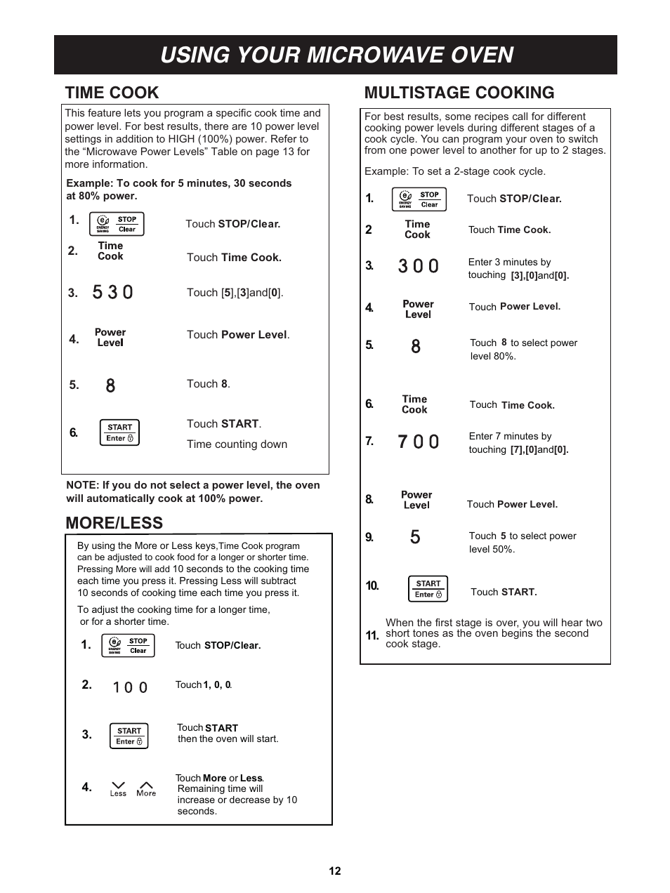 Using your microwave oven, Multistage cooking, More/less | Time cook | LG LCS1413SW User Manual | Page 12 / 24