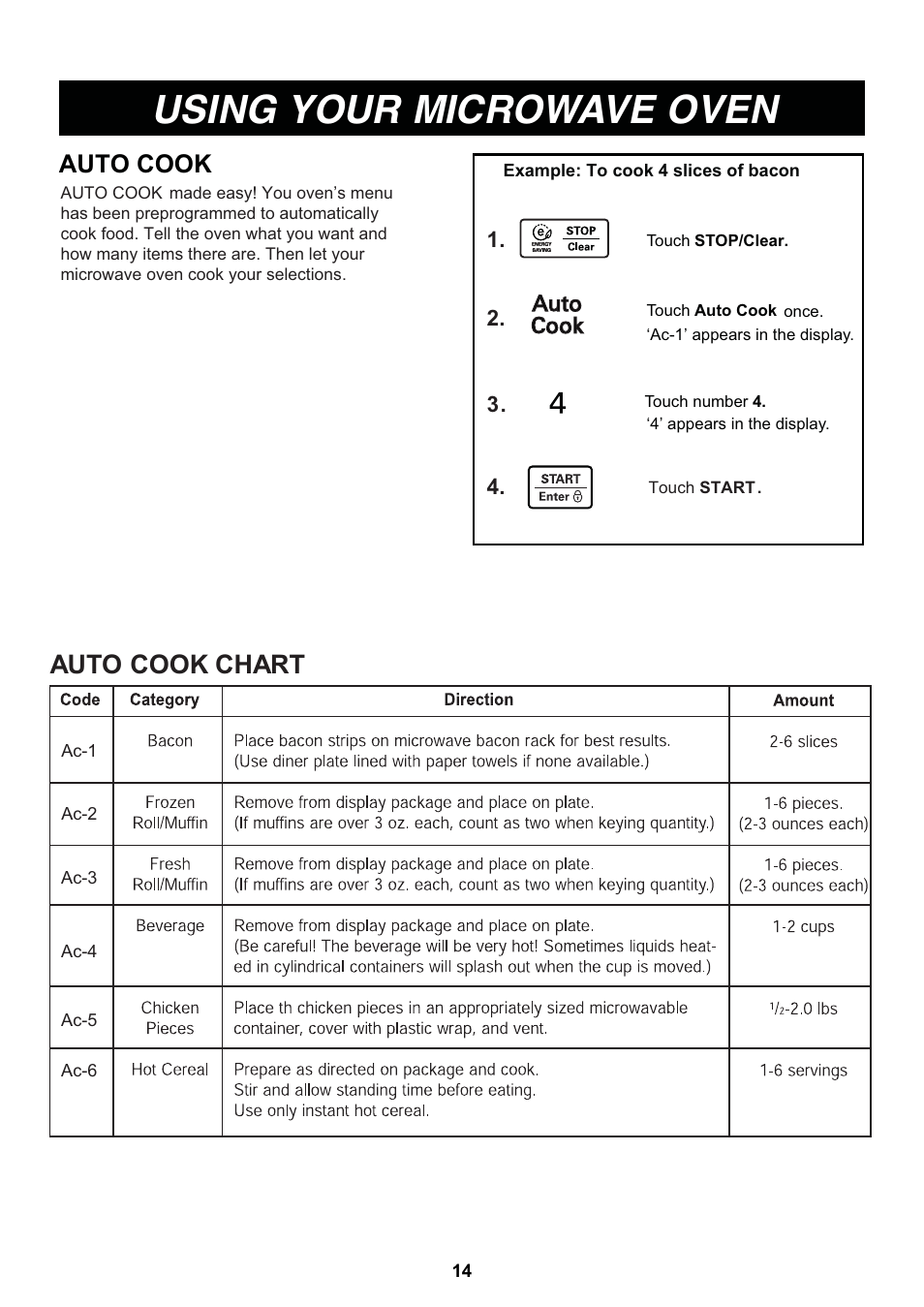 Using your microwave oven, Auto cook, Auto cook chart | LG LCS1413SW User Manual | Page 14 / 24