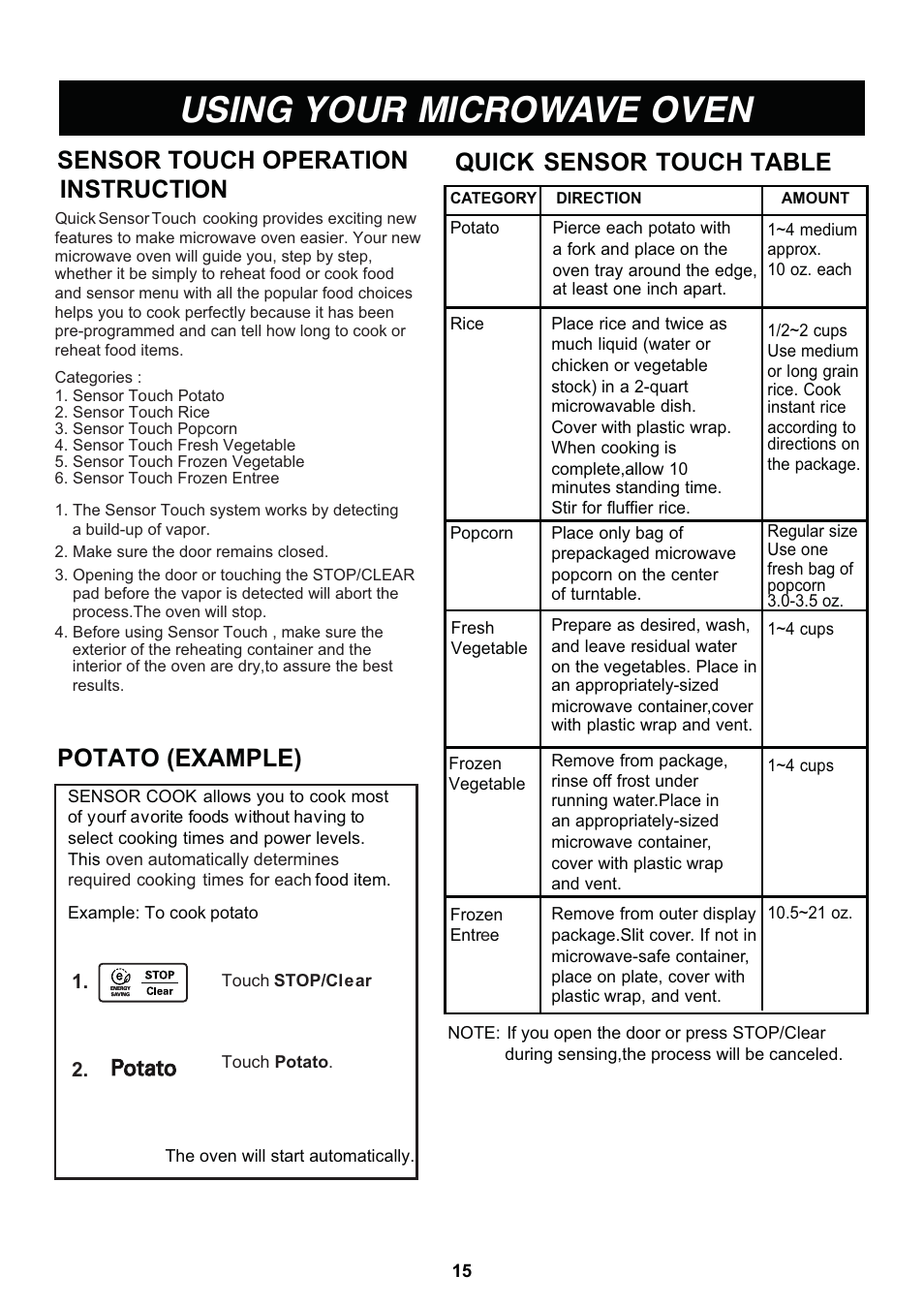 Using your microwave oven, Potato (example), Sensor touch operation instruction | Quick sensor touch table | LG LCS1413SW User Manual | Page 15 / 24