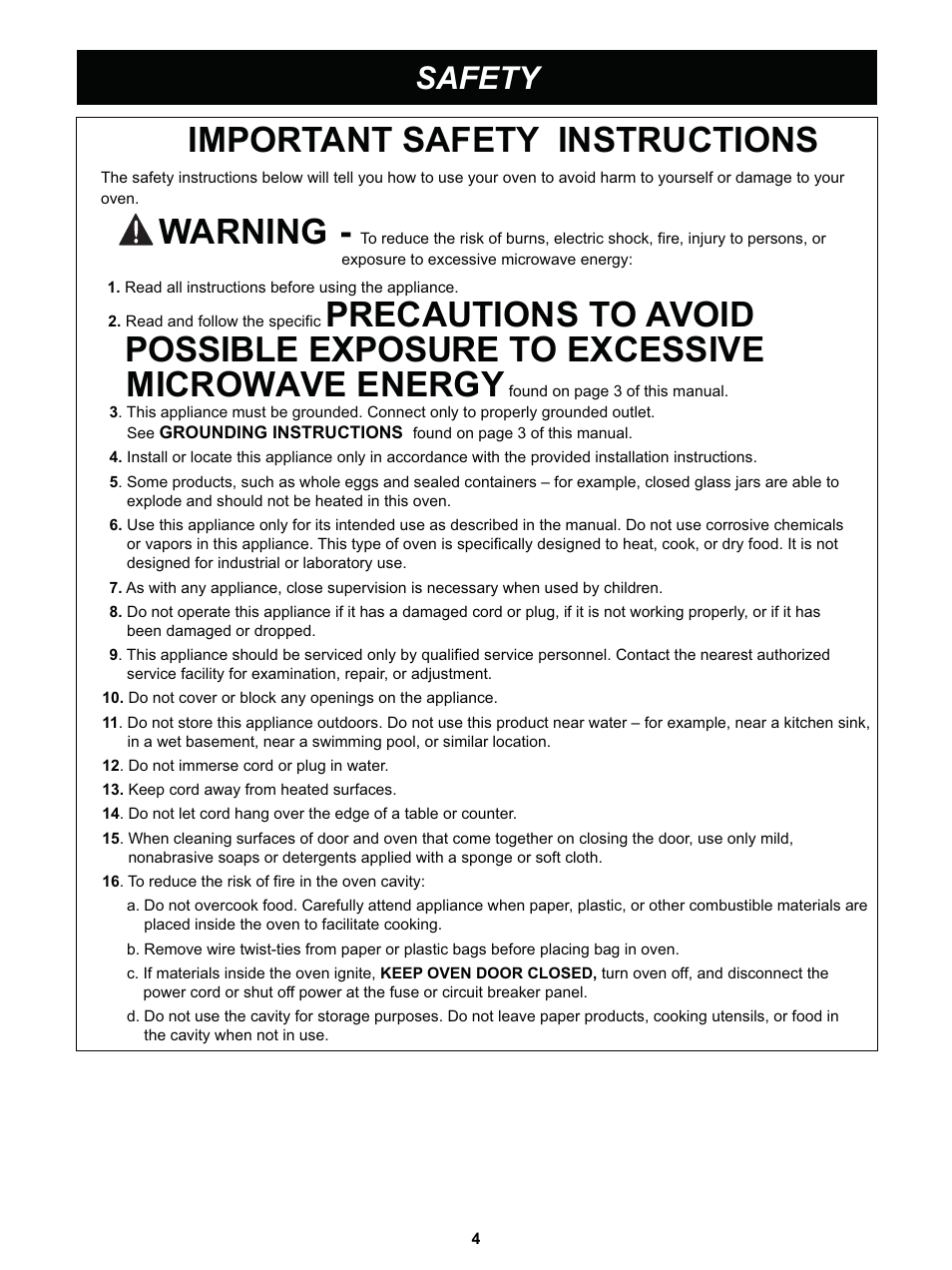 Important safety instructions, Possible exposure to excessive, Microwave energy | Warning, Precautions to avoid, Safety | LG LCS1413SW User Manual | Page 4 / 24