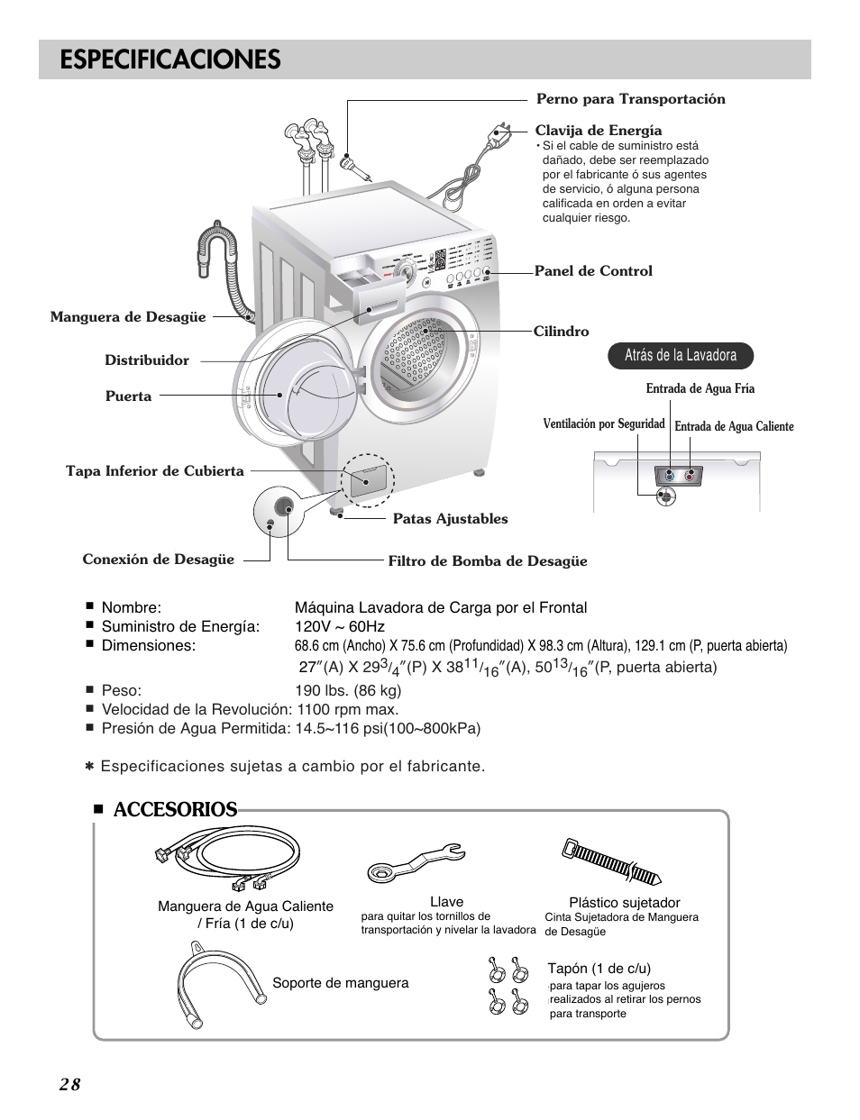 Tide, Especificaciones, Accesorios | LG WM2101HW User Manual | Page 28 / 72