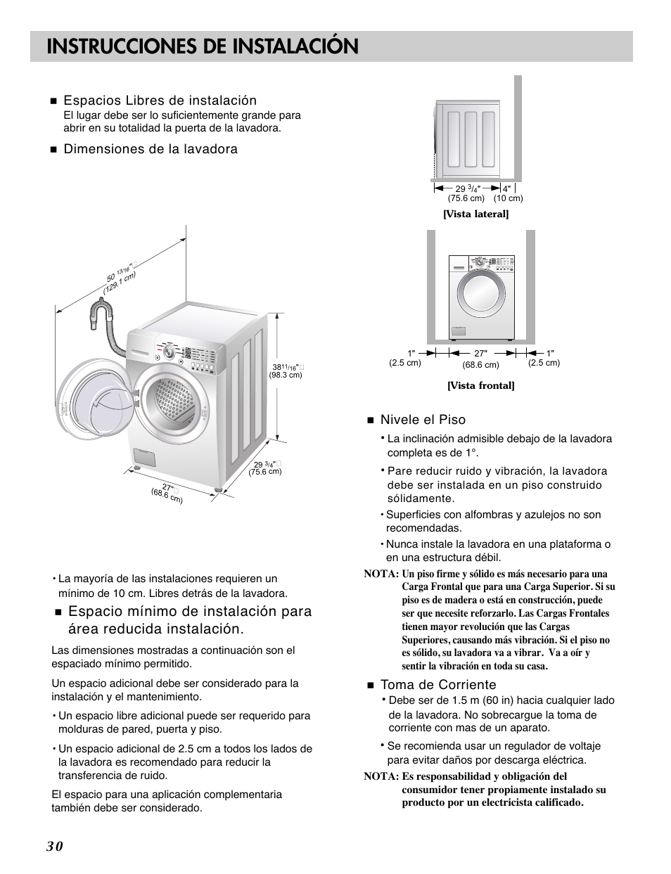 Instrucciones de instalación, Espacios libres de instalación, Dimensiones de la lavadora | Nivele el piso, Toma de corriente | LG WM2101HW User Manual | Page 30 / 72