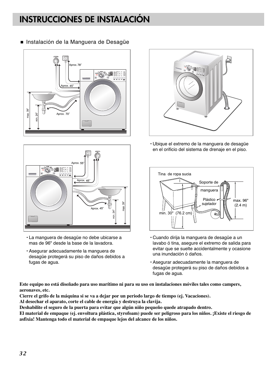 Instrucciones de instalación, Instalación de la manguera de desagüe | LG WM2101HW User Manual | Page 32 / 72