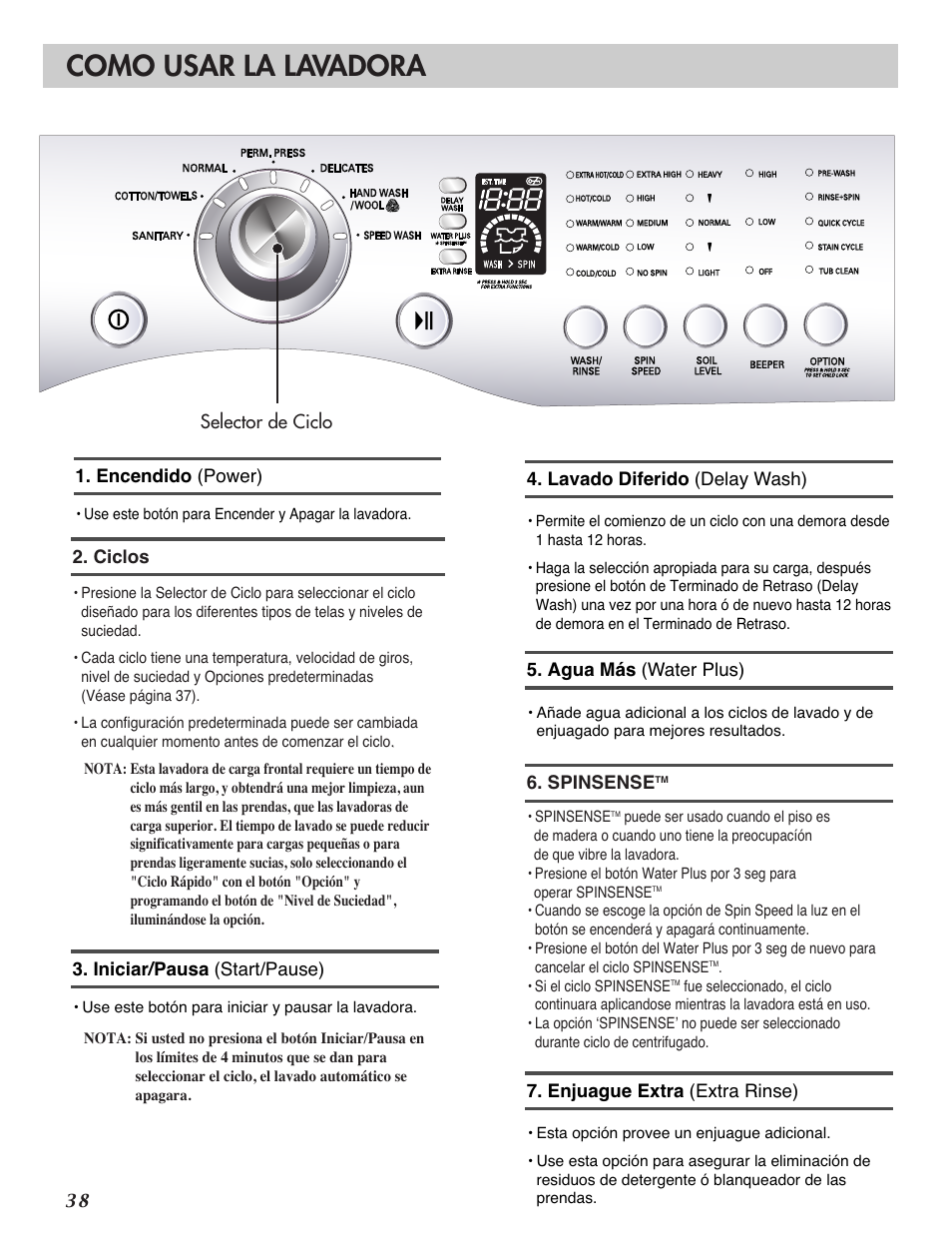 Como usar la lavadora | LG WM2101HW User Manual | Page 38 / 72