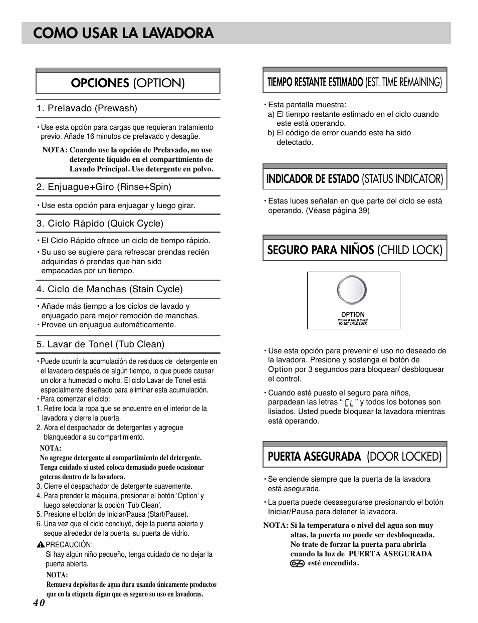 Como usar la lavadora, Tiempo restante estimado (est. time remaining), Indicador de estado (status indicator) | LG WM2101HW User Manual | Page 40 / 72