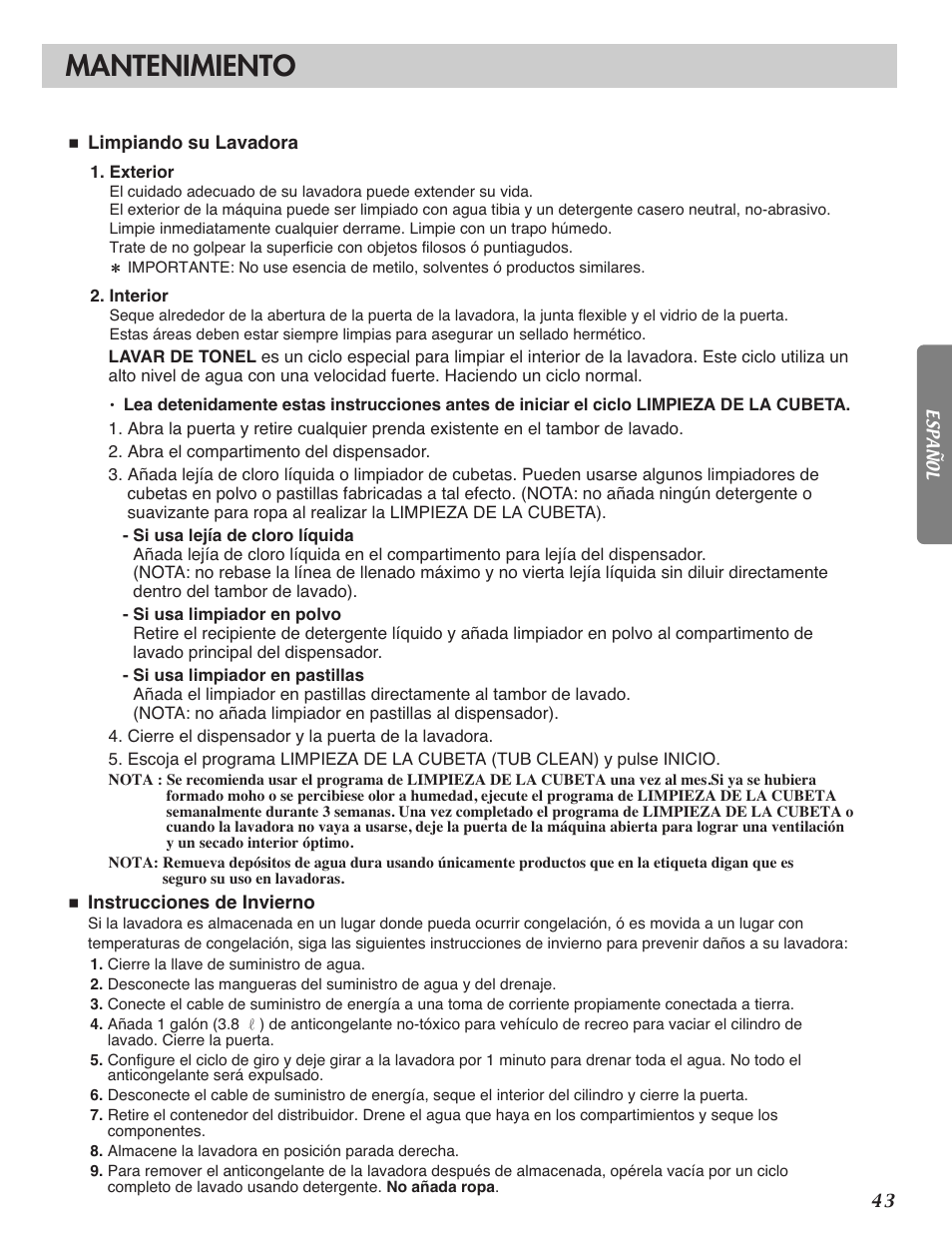 Mantenimiento | LG WM2101HW User Manual | Page 43 / 72