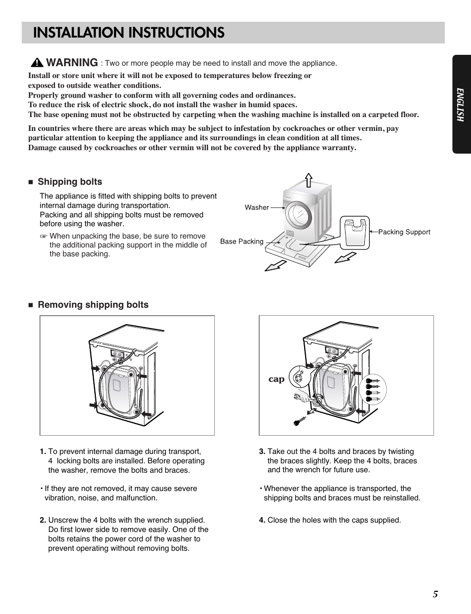 Installation instructions, Warning | LG WM2101HW User Manual | Page 5 / 72