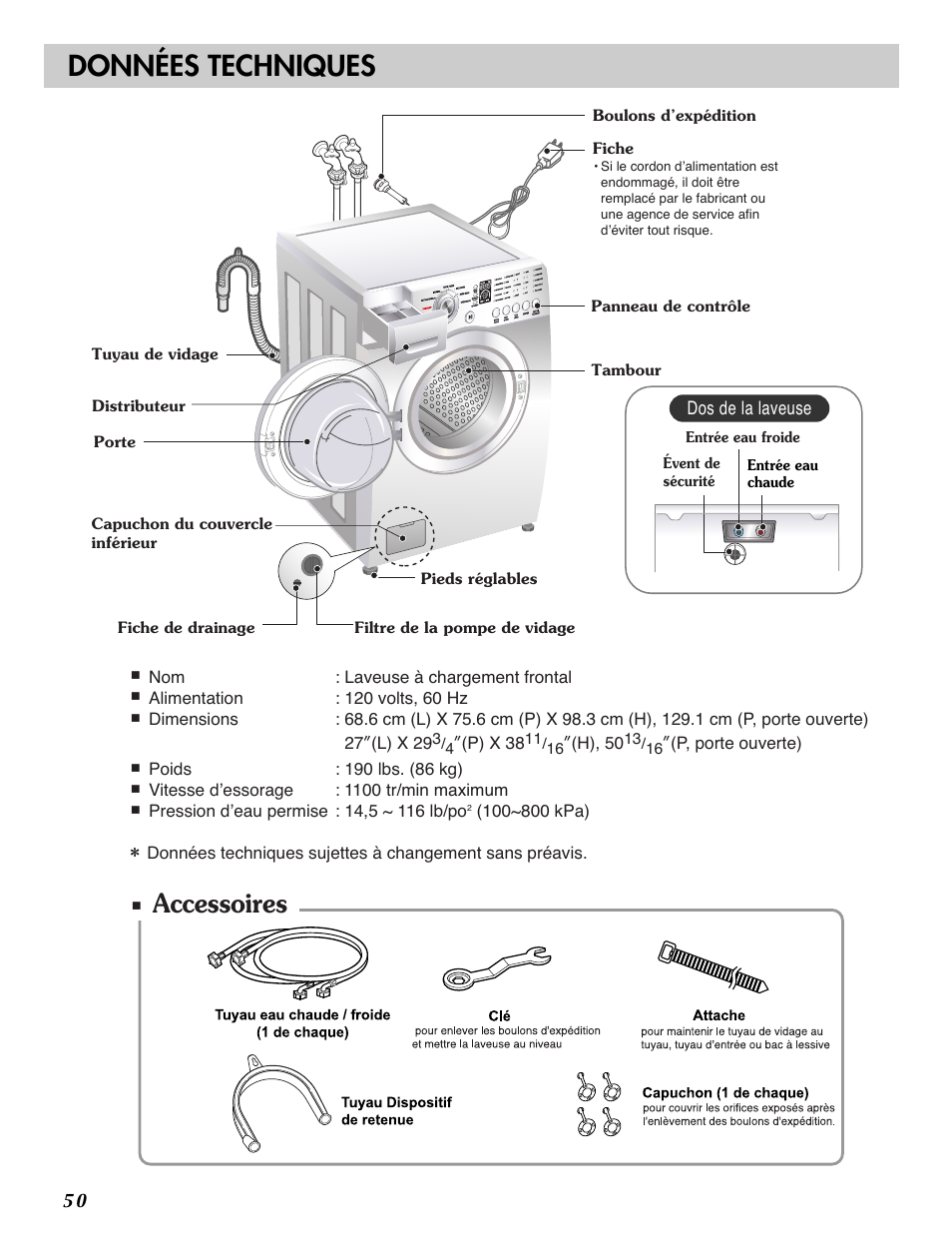 Données techniques, Accessoires | LG WM2101HW User Manual | Page 50 / 72