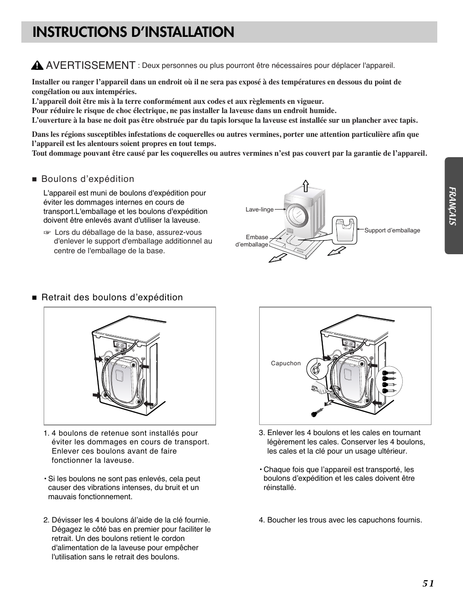 Instructions d’installation, Avertissement | LG WM2101HW User Manual | Page 51 / 72
