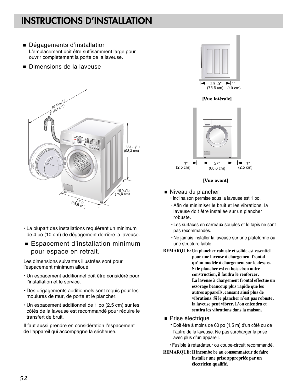 Instructions d’installation, Dégagements d’installation, Dimensions de la laveuse | Niveau du plancher, Prise électrique | LG WM2101HW User Manual | Page 52 / 72