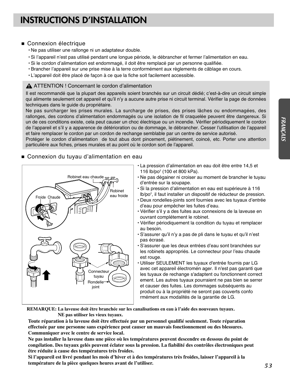 Instructions d’installation | LG WM2101HW User Manual | Page 53 / 72
