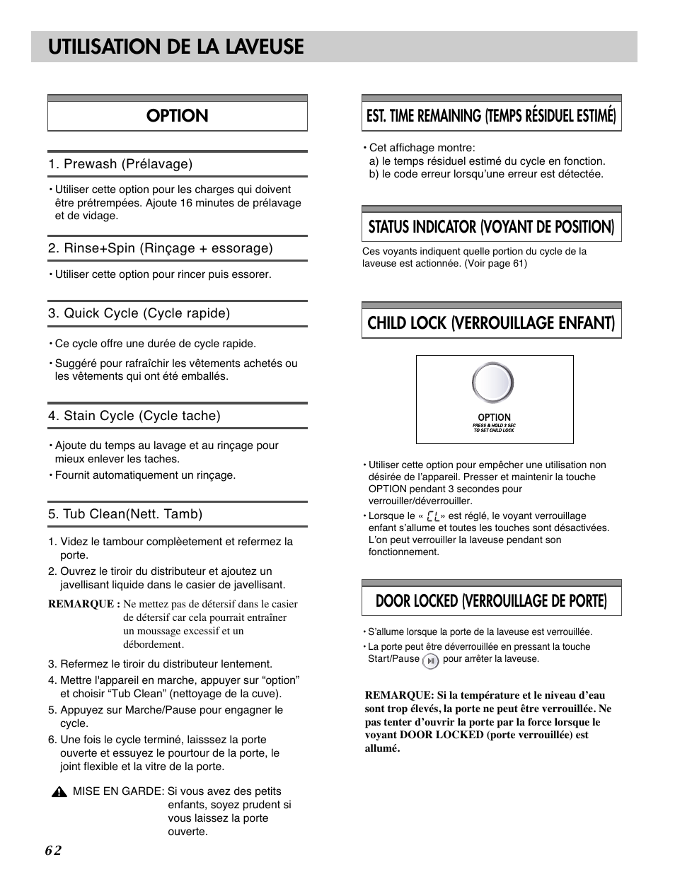 Utilisation de la laveuse, Status indicator (voyant de position), Est. time remaining (temps résiduel estimé) | LG WM2101HW User Manual | Page 62 / 72