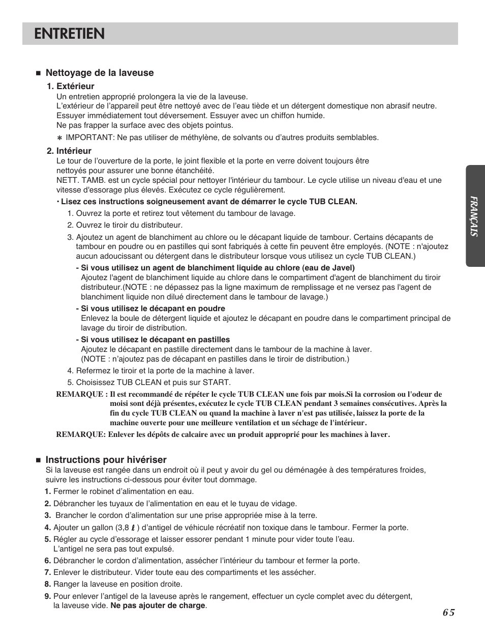 Entretien | LG WM2101HW User Manual | Page 65 / 72