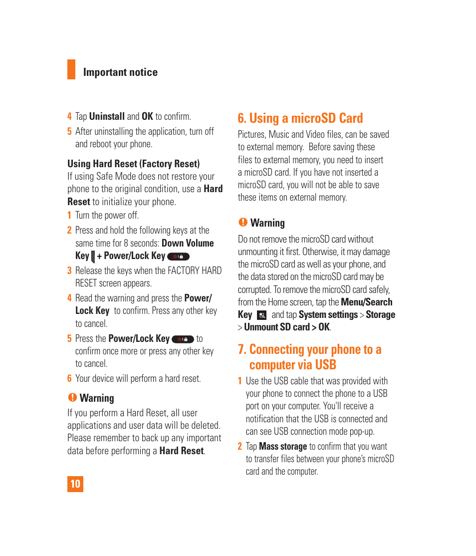 Using a microsd card, Connecting your phone to a computer via usb | LG LGP930 User Manual | Page 10 / 104