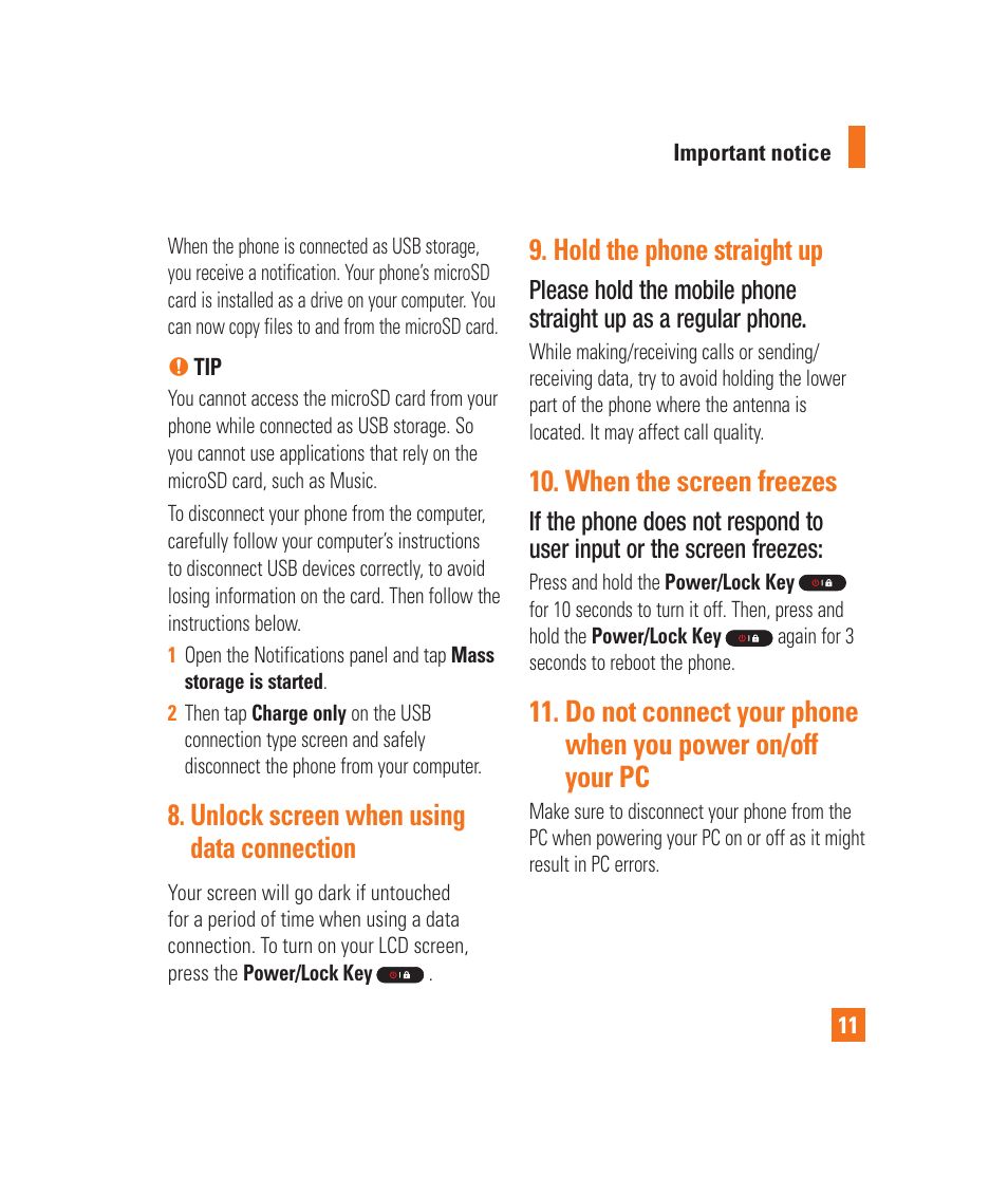 Unlock screen when using data connection, Hold the phone straight up, When the screen freezes | LG LGP930 User Manual | Page 11 / 104