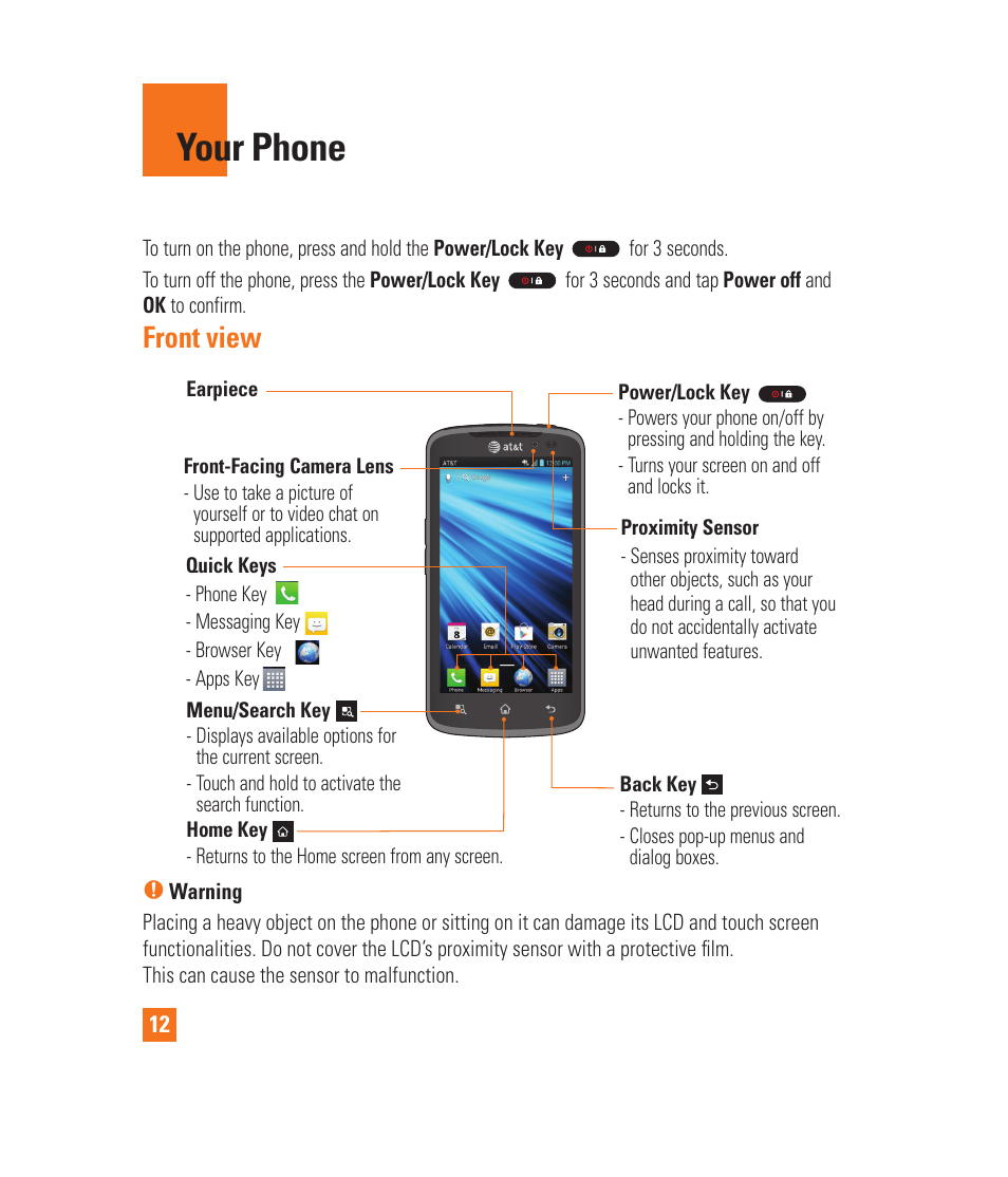 Your phone, Important notice, Front view | LG LGP930 User Manual | Page 12 / 104
