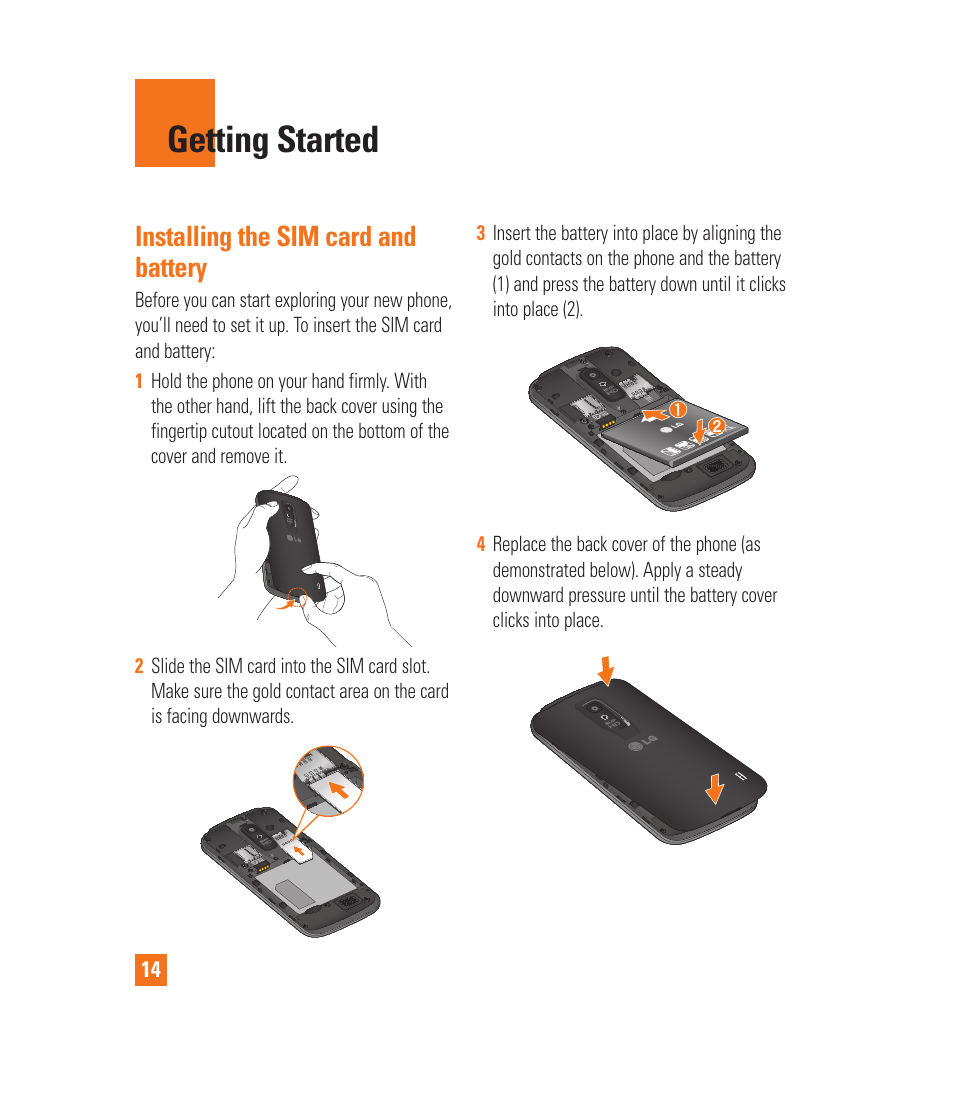 Getting started, Installing the sim card and battery | LG LGP930 User Manual | Page 14 / 104