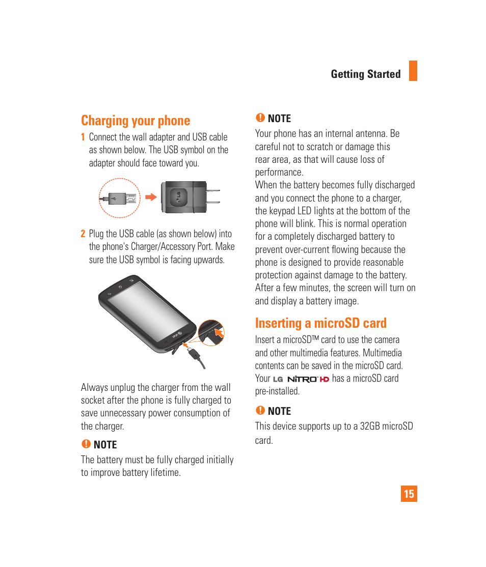 Charging your phone, Inserting a microsd card | LG LGP930 User Manual | Page 15 / 104