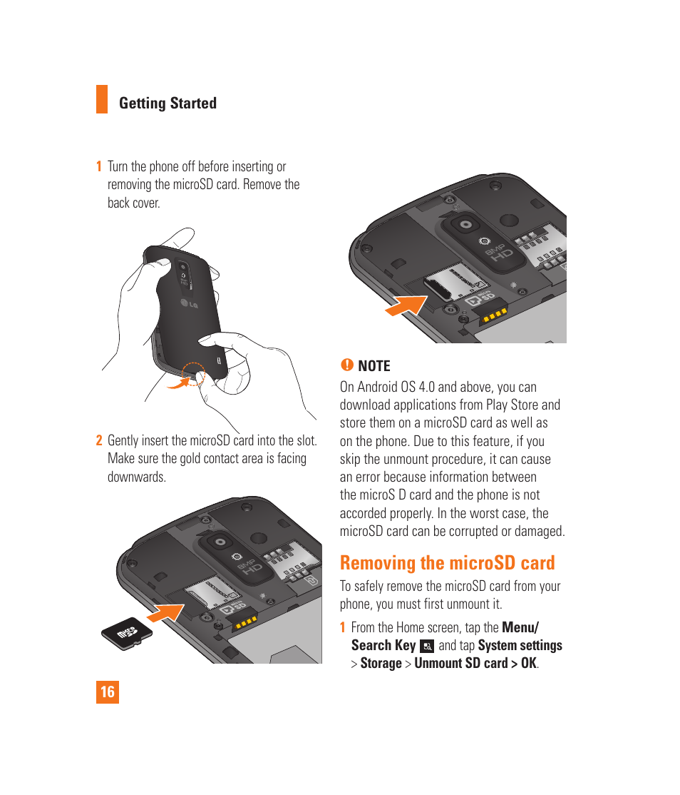 Removing the microsd card, Charging your phone | LG LGP930 User Manual | Page 16 / 104