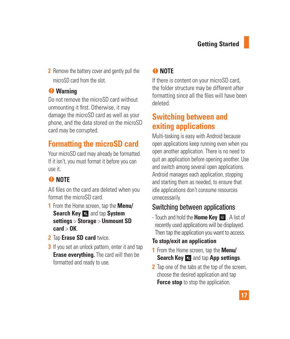 Formatting the microsd card, Switching between and exiting applications, Inserting a microsd card | Removing the microsd card, Switching between applications | LG LGP930 User Manual | Page 17 / 104